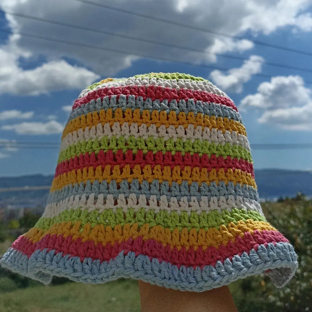 Bucket Şapka / Çok Renkli Çizgili El Örgüsü Şapka - Tığ İşi Yazlık Şapka