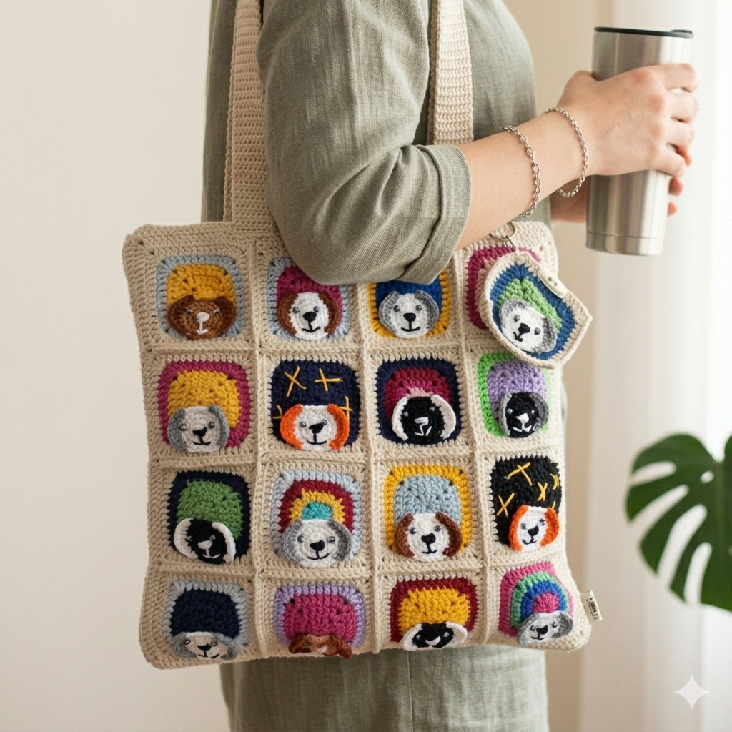 Köpek Motifli Örgü Çanta - Mini Cüzdan Hediyeli - Köpek Desenli Çanta