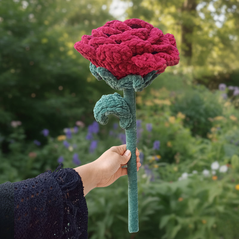 El Yapımı Dev Kadife Gül (50 cm) - Bordo - Lüks Pofuduk Dekoratif Çiçek