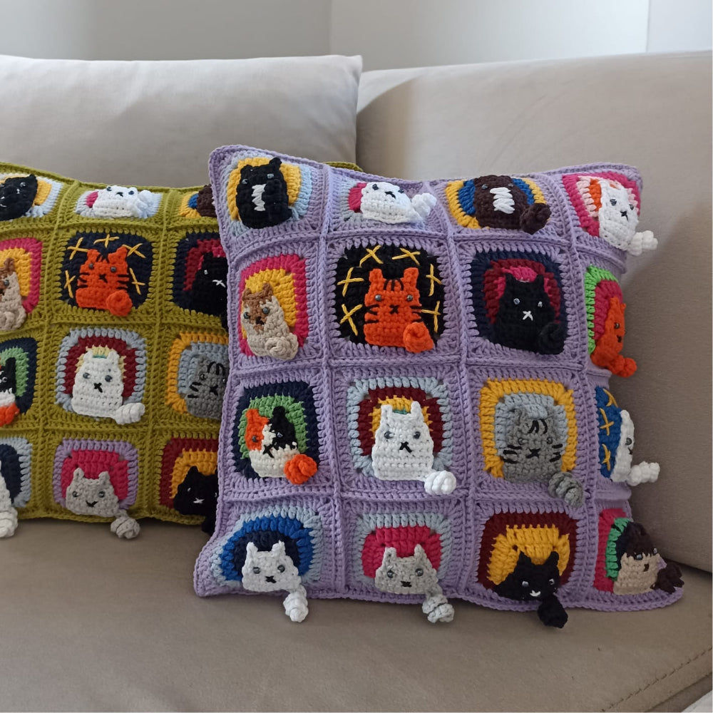 Kedili Kırlent Mor, Kedi Motifli Örgü Kırlent Kılıfı, Kedili Yastık Kılıfı