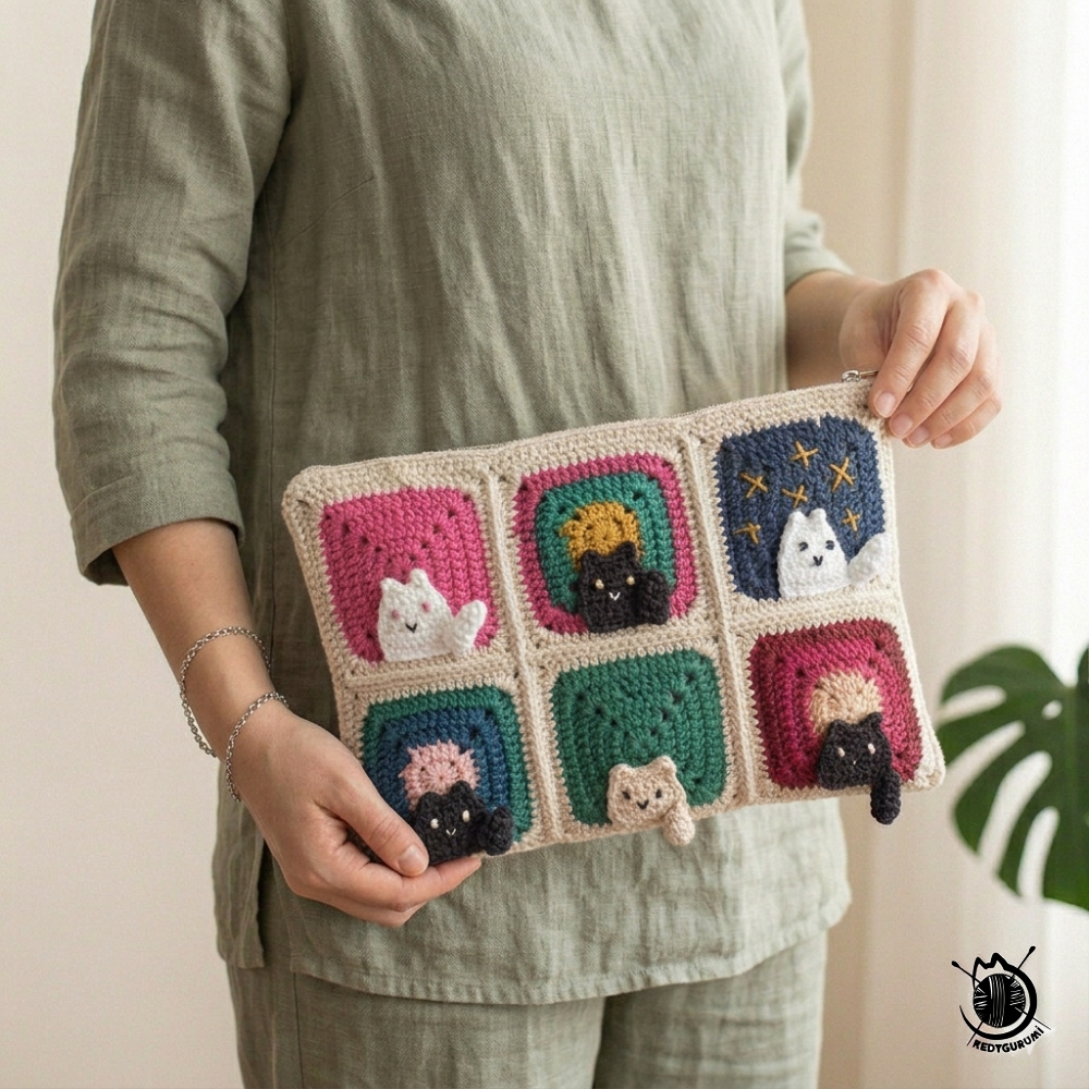 Kedili Örgü Makyaj Çantası/Kalemlik/Tablet Çantası - Kedi Motifli Makyaj Çantası