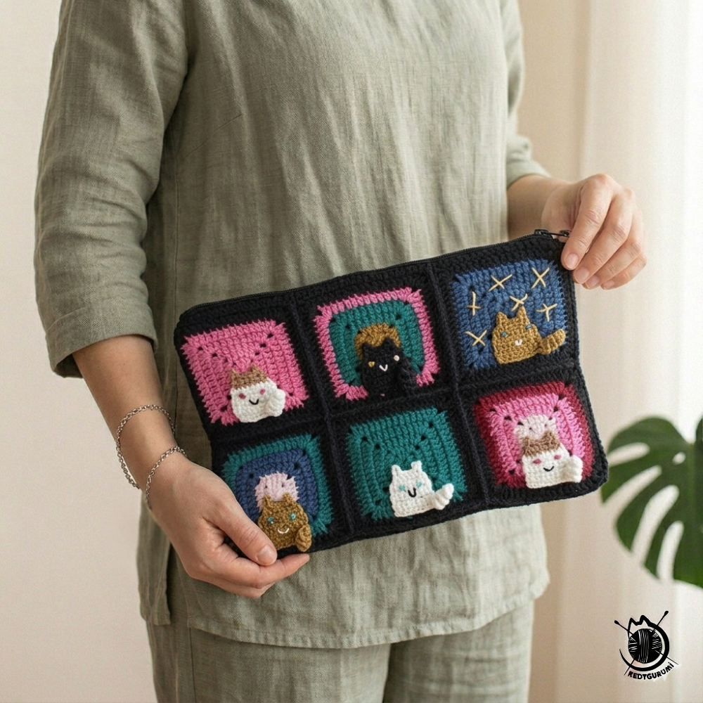 Kedili Örgü Makyaj Çantası/Kalemlik/Tablet Çantası - Siyah - Kedi Motifli Makyaj Çantası