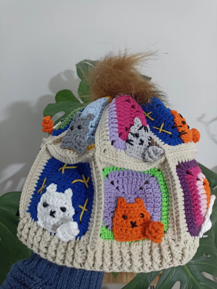 Örgü Kedili Bere ve Atkı İkili Set - Ekru - Kedi Temalı Örgü Atkı ve Ponponlu Örgü Bere