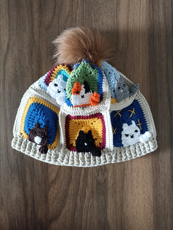 Örgü Kedili Bere ve Atkı İkili Set - Ekru - Kedi Temalı Örgü Atkı ve Ponponlu Örgü Bere
