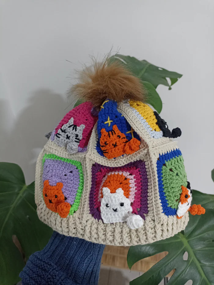 Örgü Kedili Bere ve Atkı İkili Set - Ekru - Kedi Temalı Örgü Atkı ve Ponponlu Örgü Bere