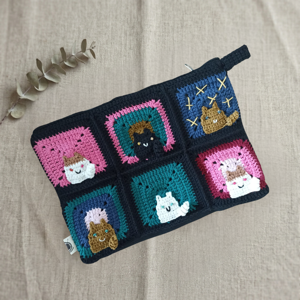 Kedili Örgü Makyaj Çantası/Kalemlik/Tablet Çantası - Siyah - Kedi Motifli Makyaj Çantası