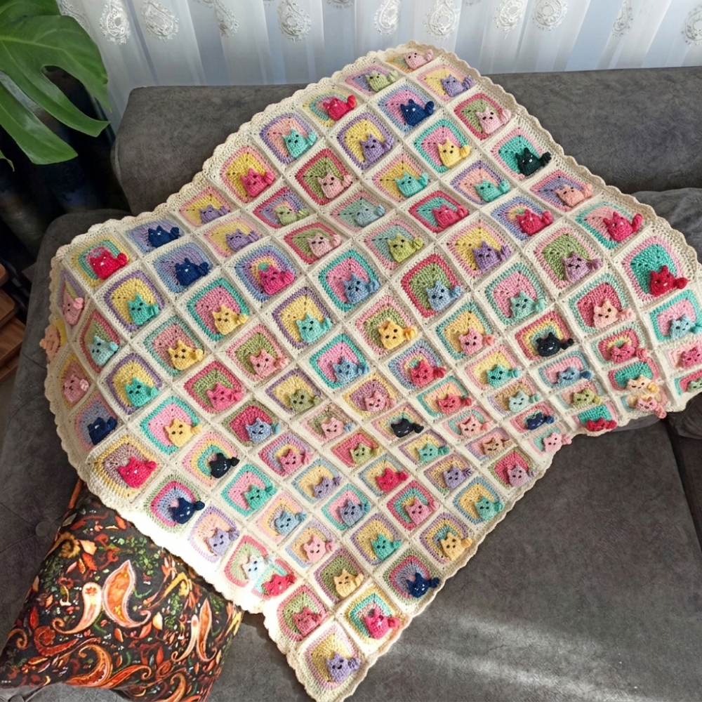 100 Kedi Motifli Pastel Örgü Battaniye - Özel Tasarım - Örgü Kedili Battaniye - 100cm*100 cm