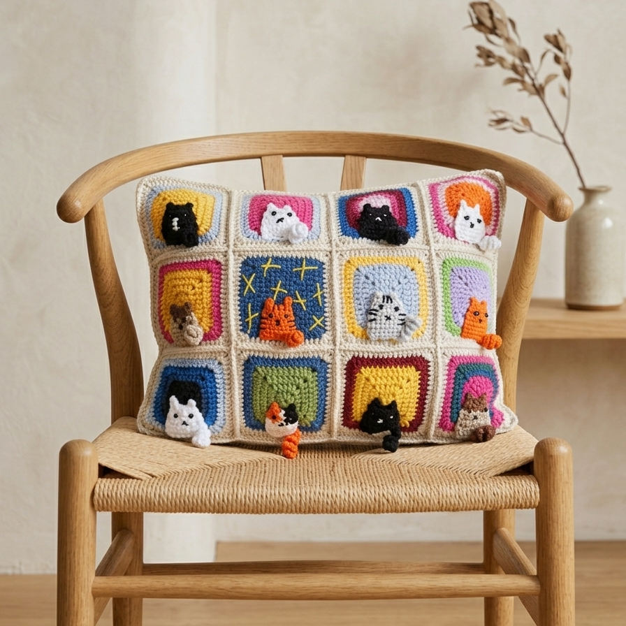 El Örgüsü Kedi Motifli Kırlent Kılıfı, Ekru, Rengarenk Kedili Kırlent Kılıfı 30x40 cm