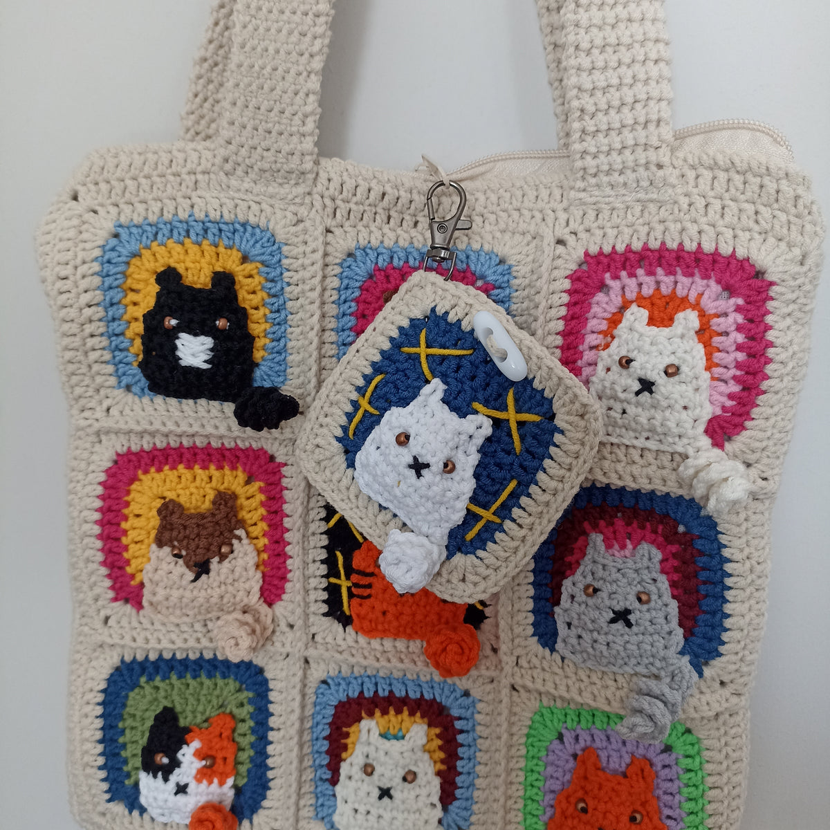 Kedi Motifli Küçük Boy Örgü Çanta - Mini Cüzdan Hediyeli - Küçük Boy