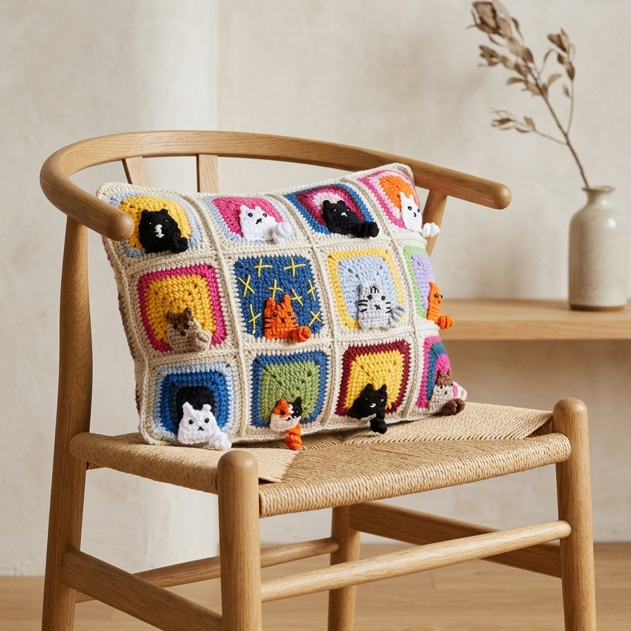 El Örgüsü Kedi Motifli Kırlent Kılıfı, Ekru, Rengarenk Kedili Kırlent Kılıfı 30x40 cm