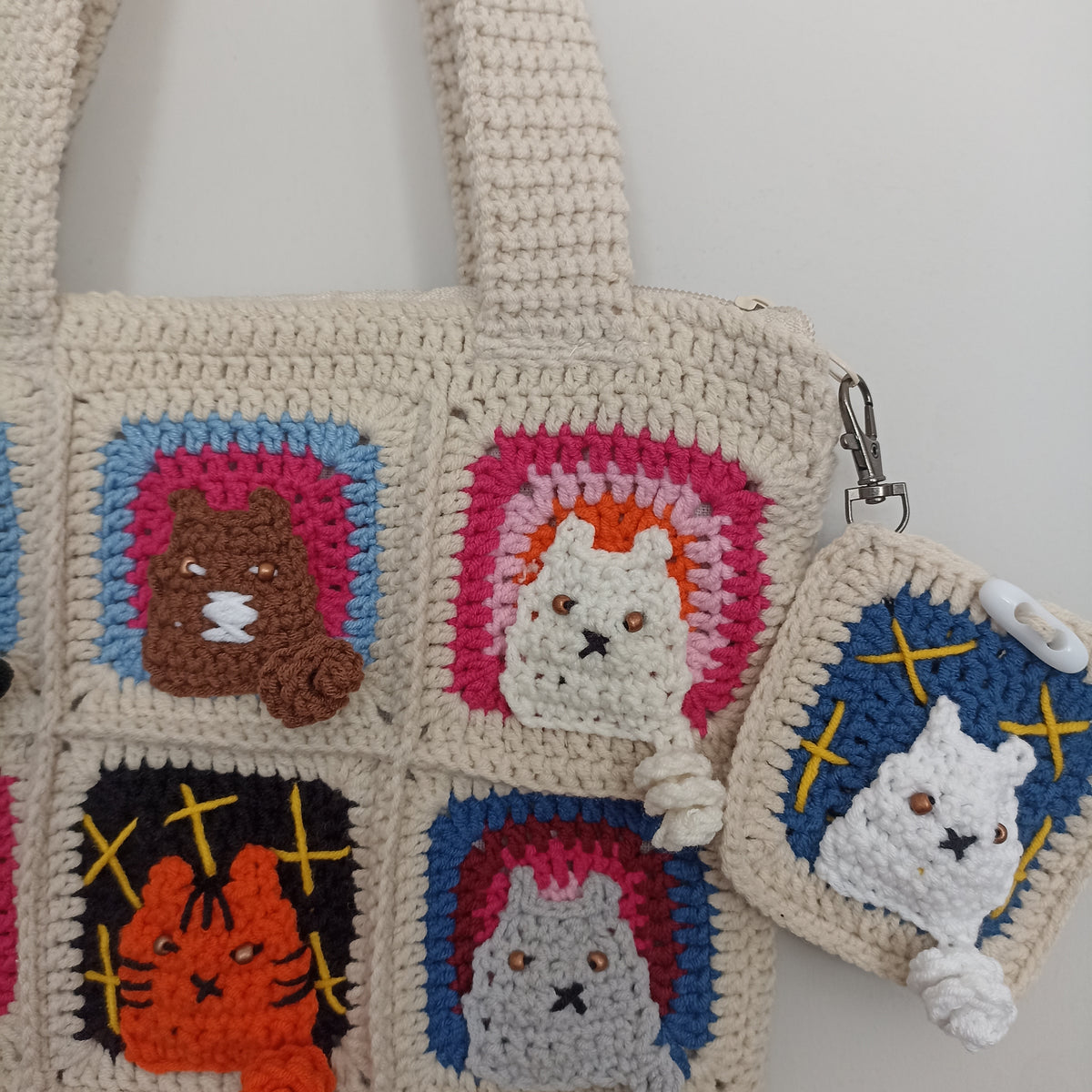 Kedi Motifli Küçük Boy Örgü Çanta - Mini Cüzdan Hediyeli - Küçük Boy