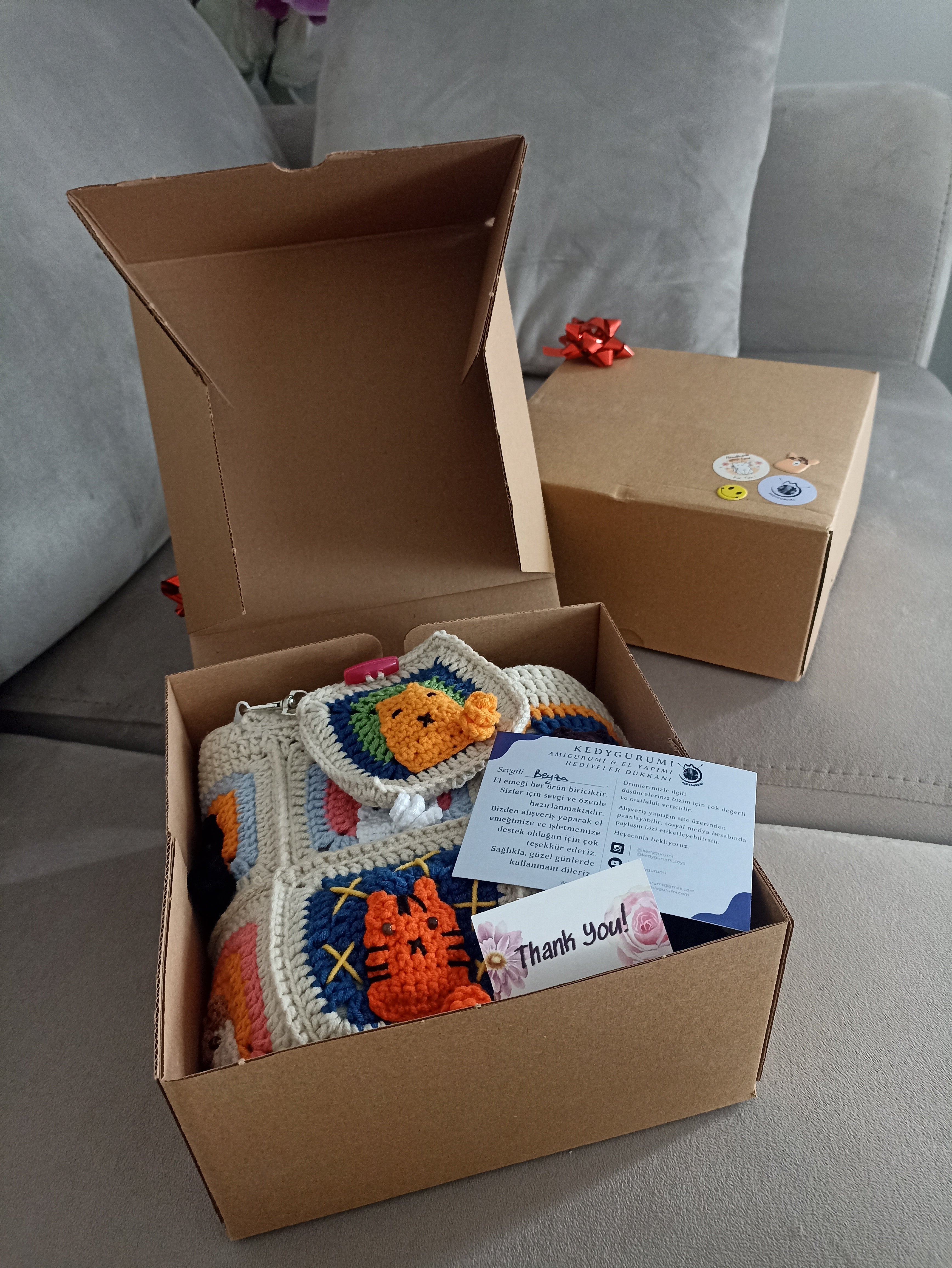 Kedi Motifli Örgü Çanta - Mini Cüzdan Hediyeli - Kedili Çanta