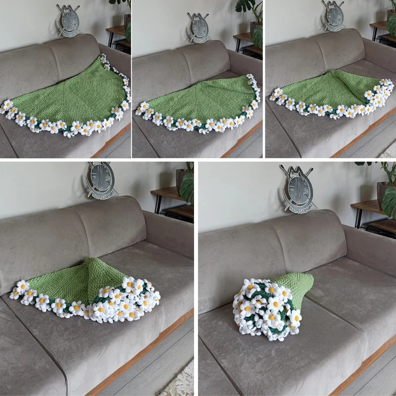 Papatya Buketi Yuvarlak Yatak Örtüsü - Örgü Papatya Buket Battaniye - Tasarım Ürün (150 cm)