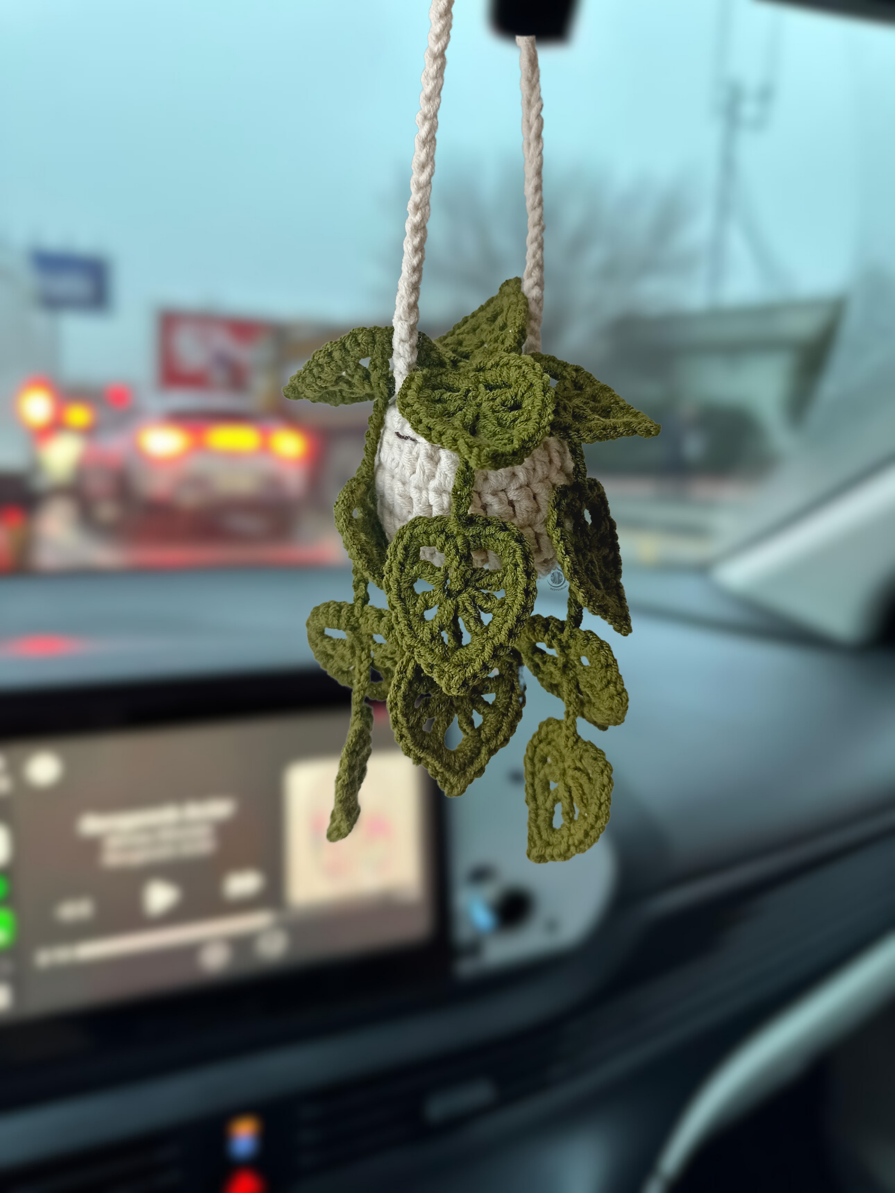 Monstera Leaf Rearview Mirror Ornament, Olive Green Color, Knitted Monstera Leaf Decorative Ornament