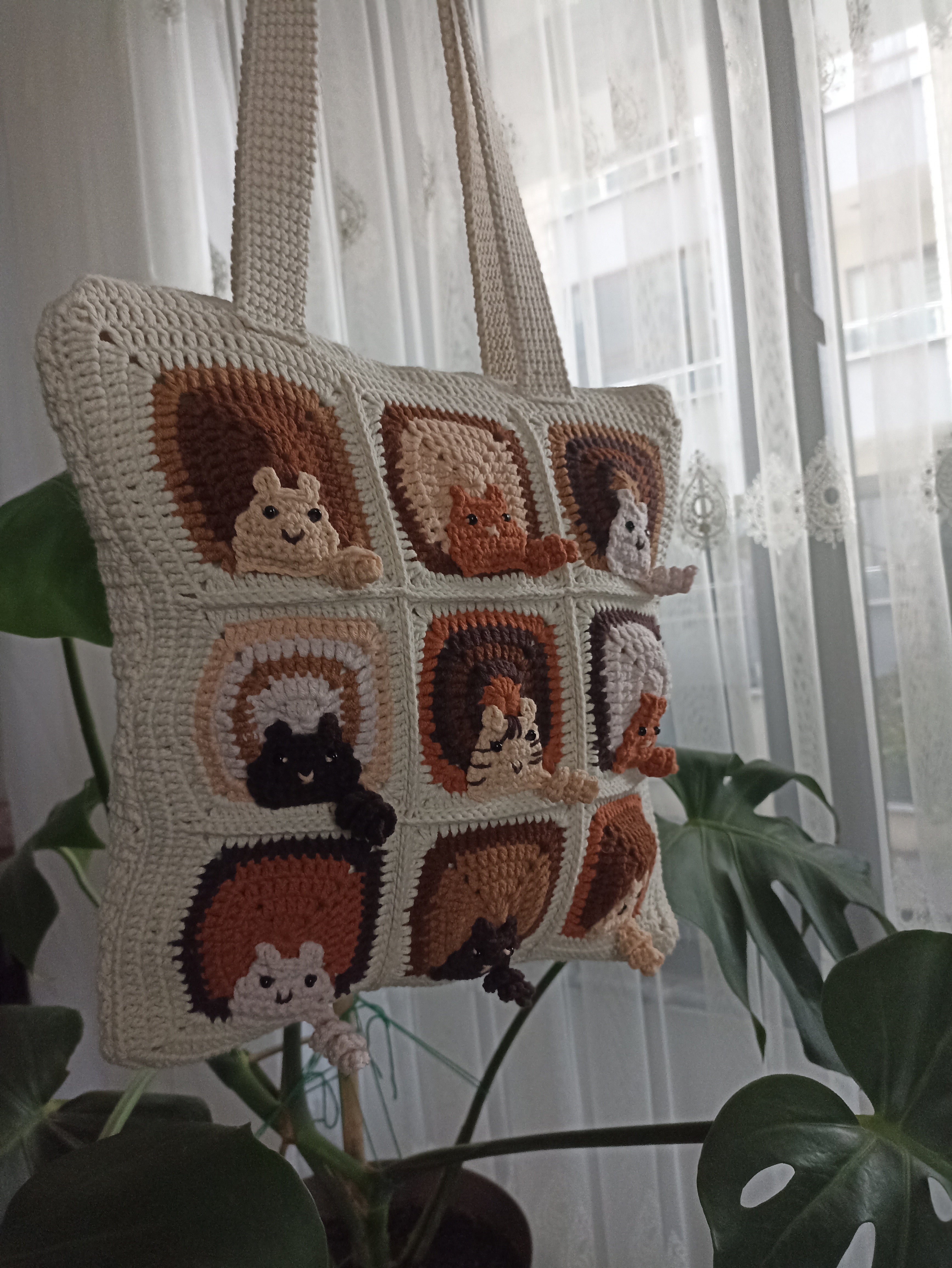 Kedi Motifli Örgü Çanta - Mini Cüzdan Hediyeli