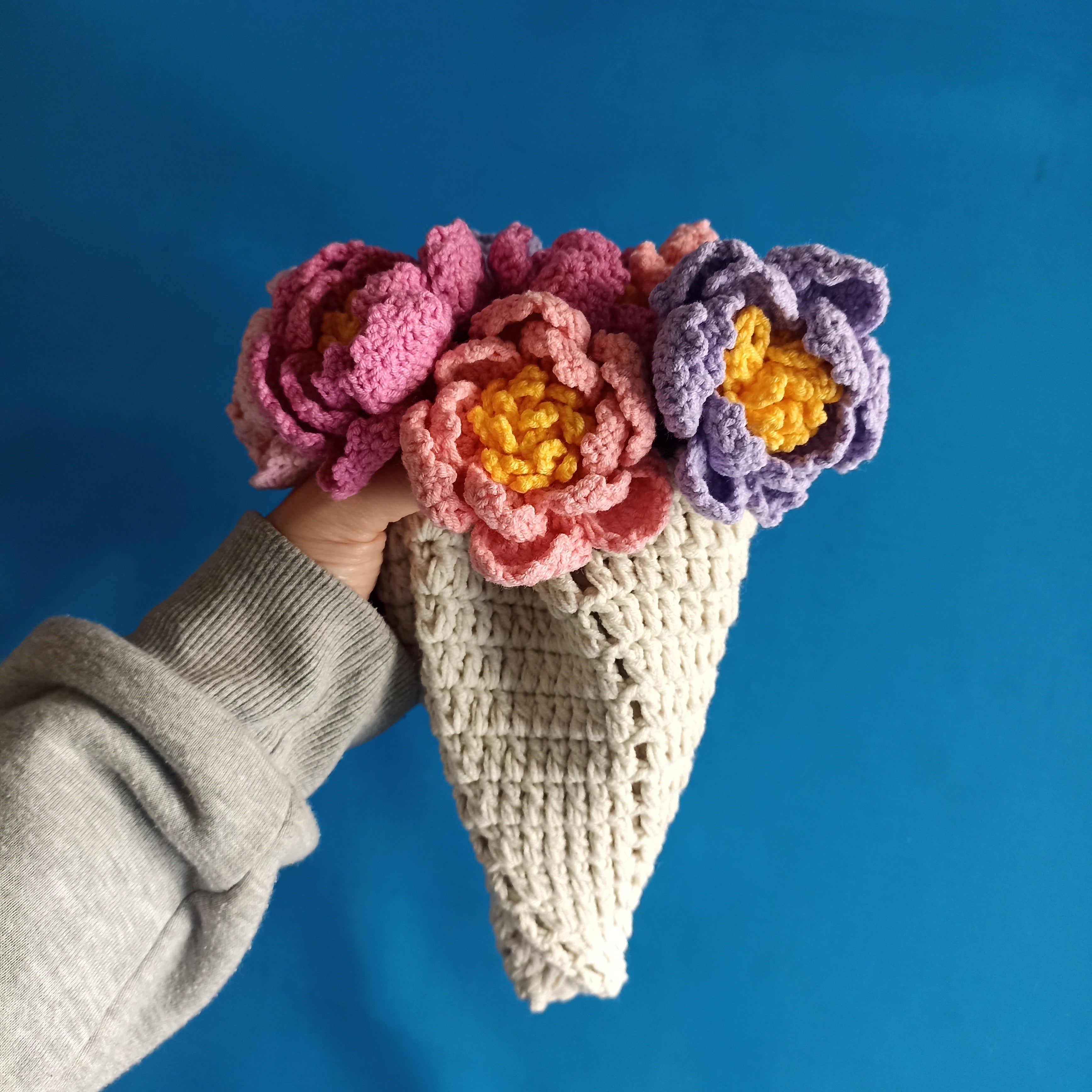 El Yapımı Pembe-Mor Karışık Renkli Şakayık Buket Battaniye - 40cm/80cm