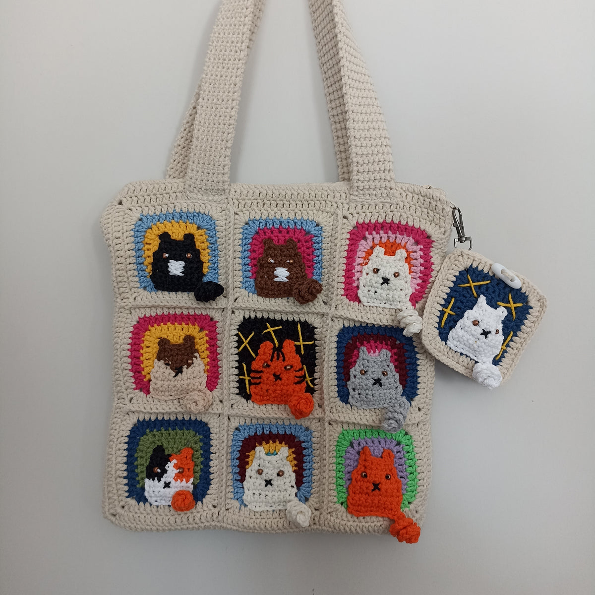 Kedi Motifli Küçük Boy Örgü Çanta - Mini Cüzdan Hediyeli - Küçük Boy