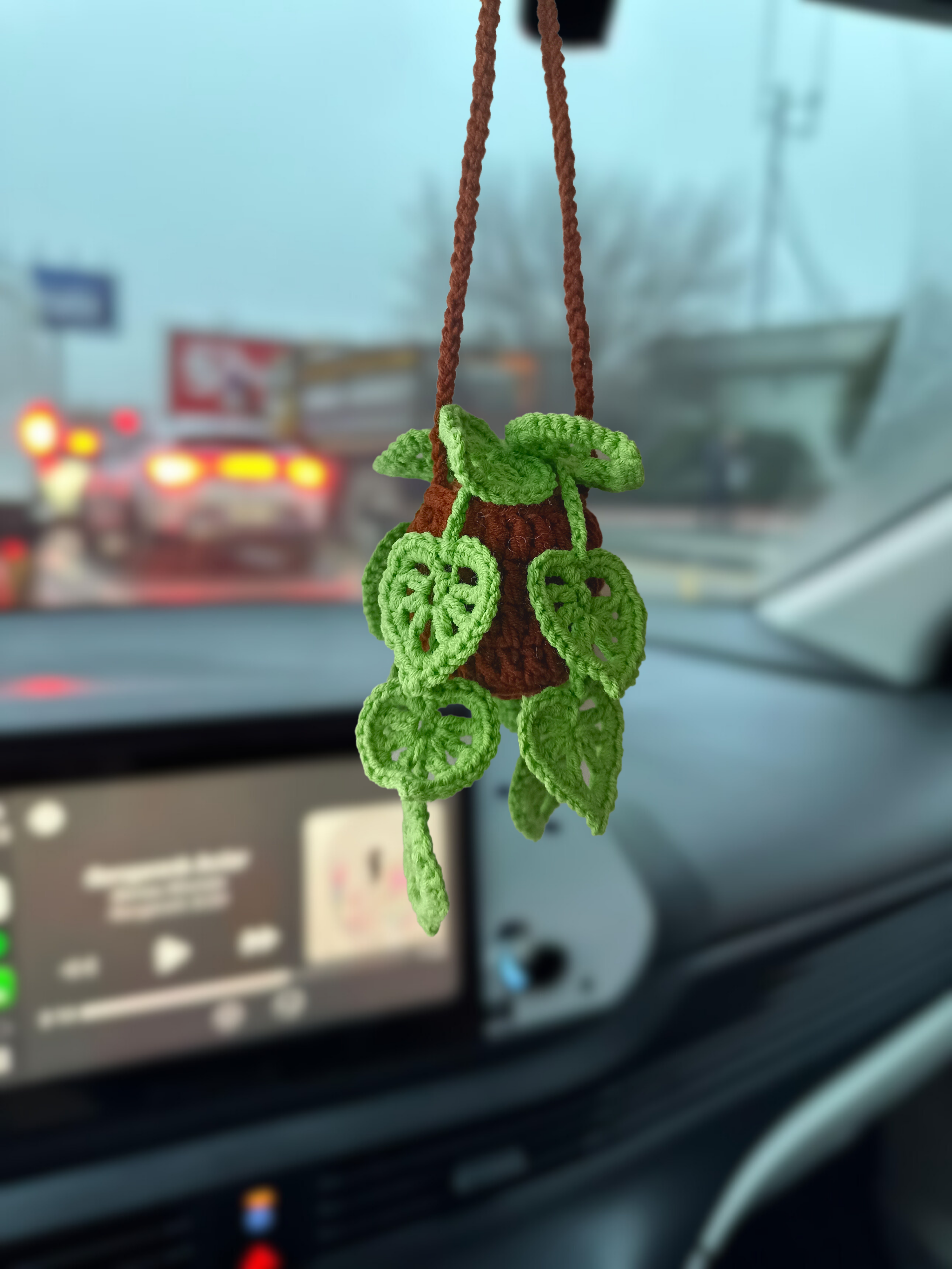 Monstera Leaf Rearview Mirror Ornament, Bright Green Color, Knitted Monstera Leaf Decorative Ornament