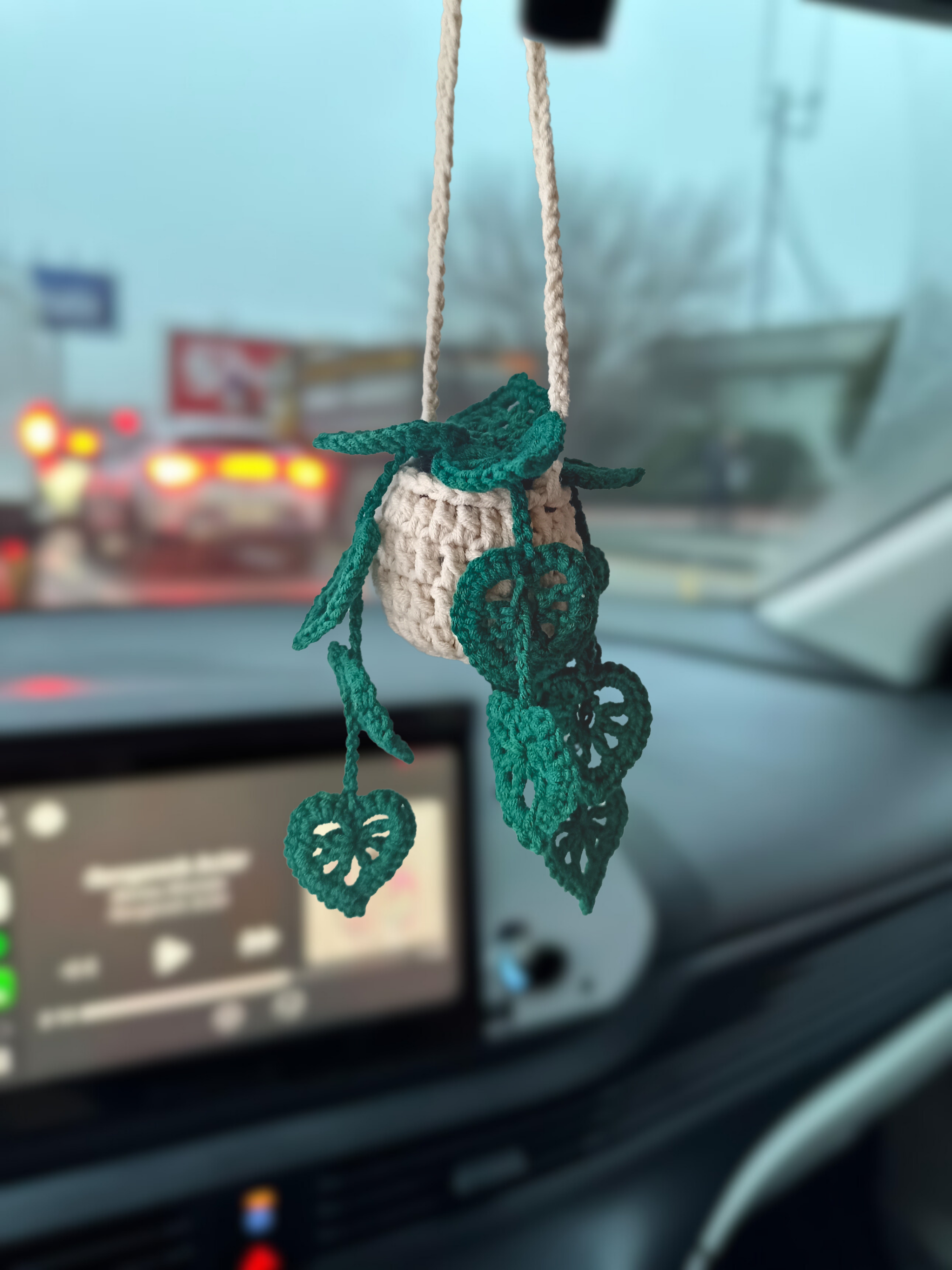 Monstera Leaf Rearview Mirror Ornament, Emerald Green Color, Knitted Monstera Leaf Decorative Ornament