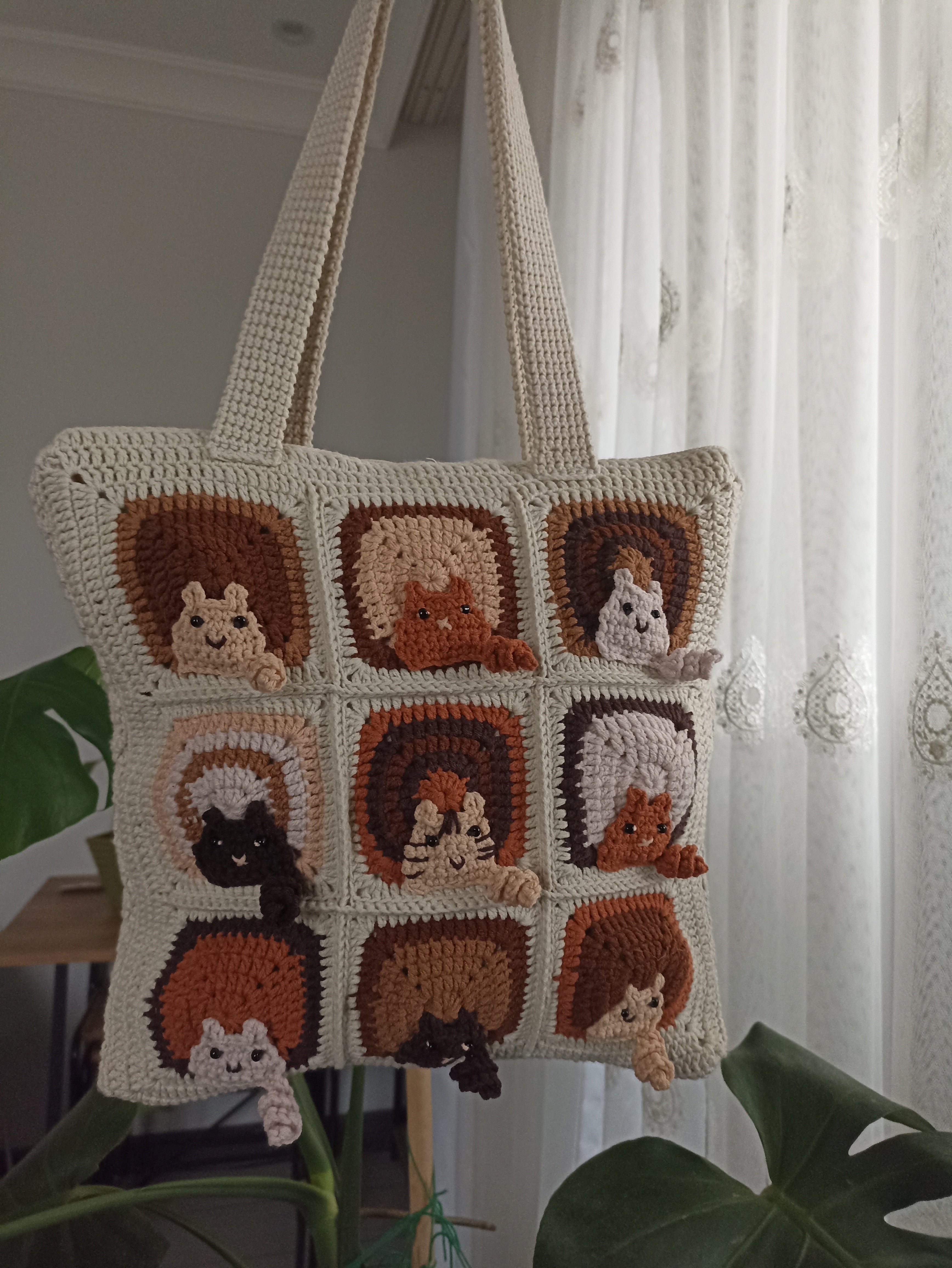 Kedi Motifli Örgü Çanta - Mini Cüzdan Hediyeli
