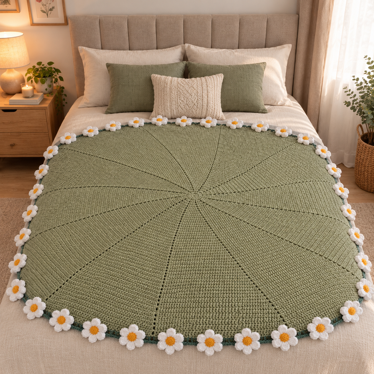 Papatya Buketi Yuvarlak Yatak Örtüsü - Örgü Papatya Buket Battaniye - Tasarım Ürün (150 cm)