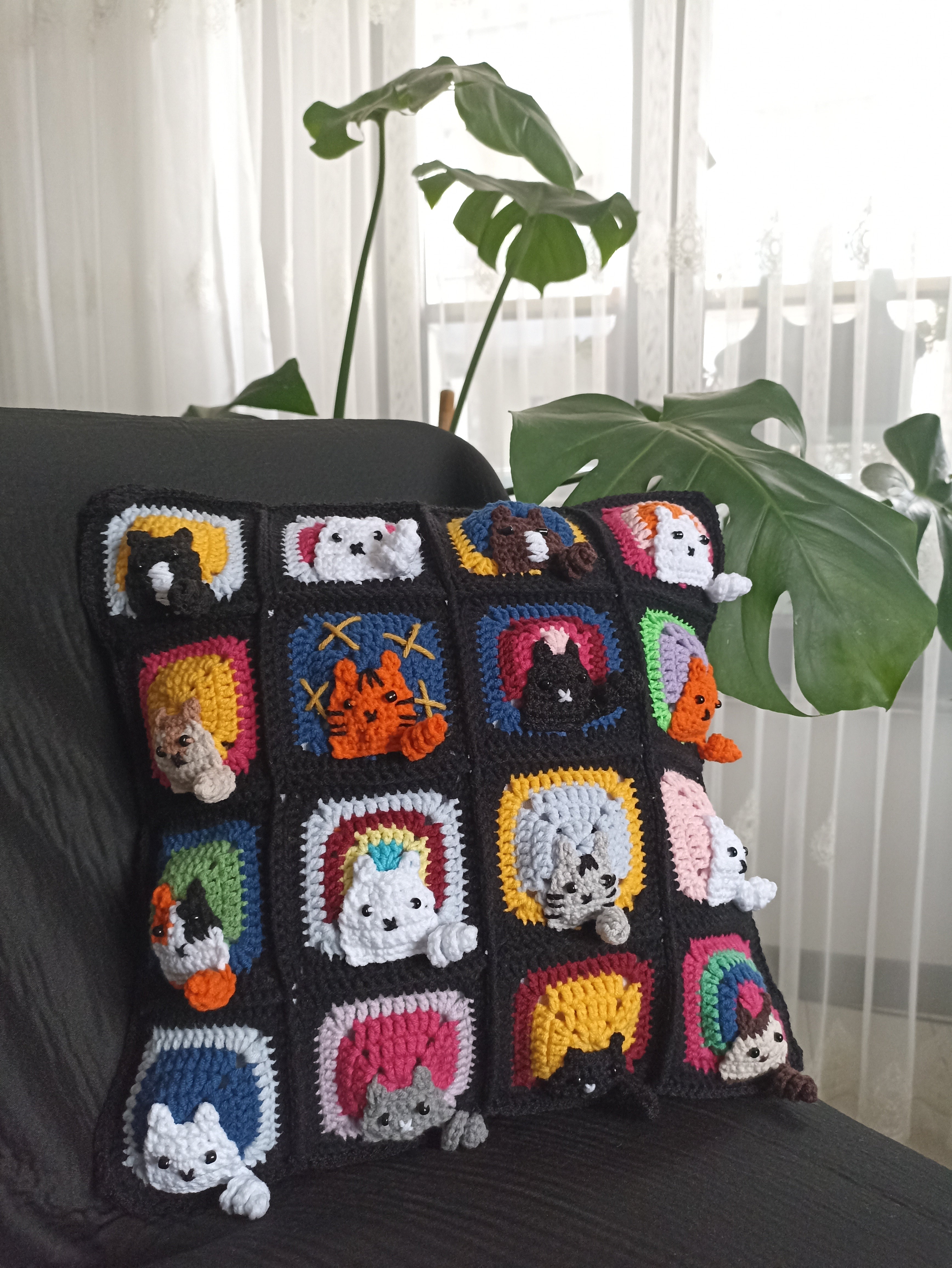 Cat Motif Crochet Cushion Cover, Cat Pillow Case