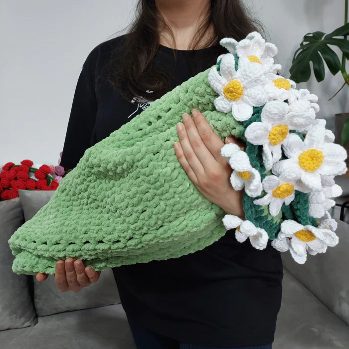 Papatya Buketi Yuvarlak Yatak Örtüsü - Örgü Papatya Buket Battaniye - Tasarım Ürün (150 cm)