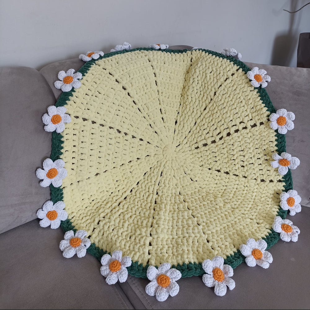 El Yapımı Papatya Kadife Buket Battaniye - Sarı - Tasarım Ürün (80 cm - 100 cm - 120 cm çapında)