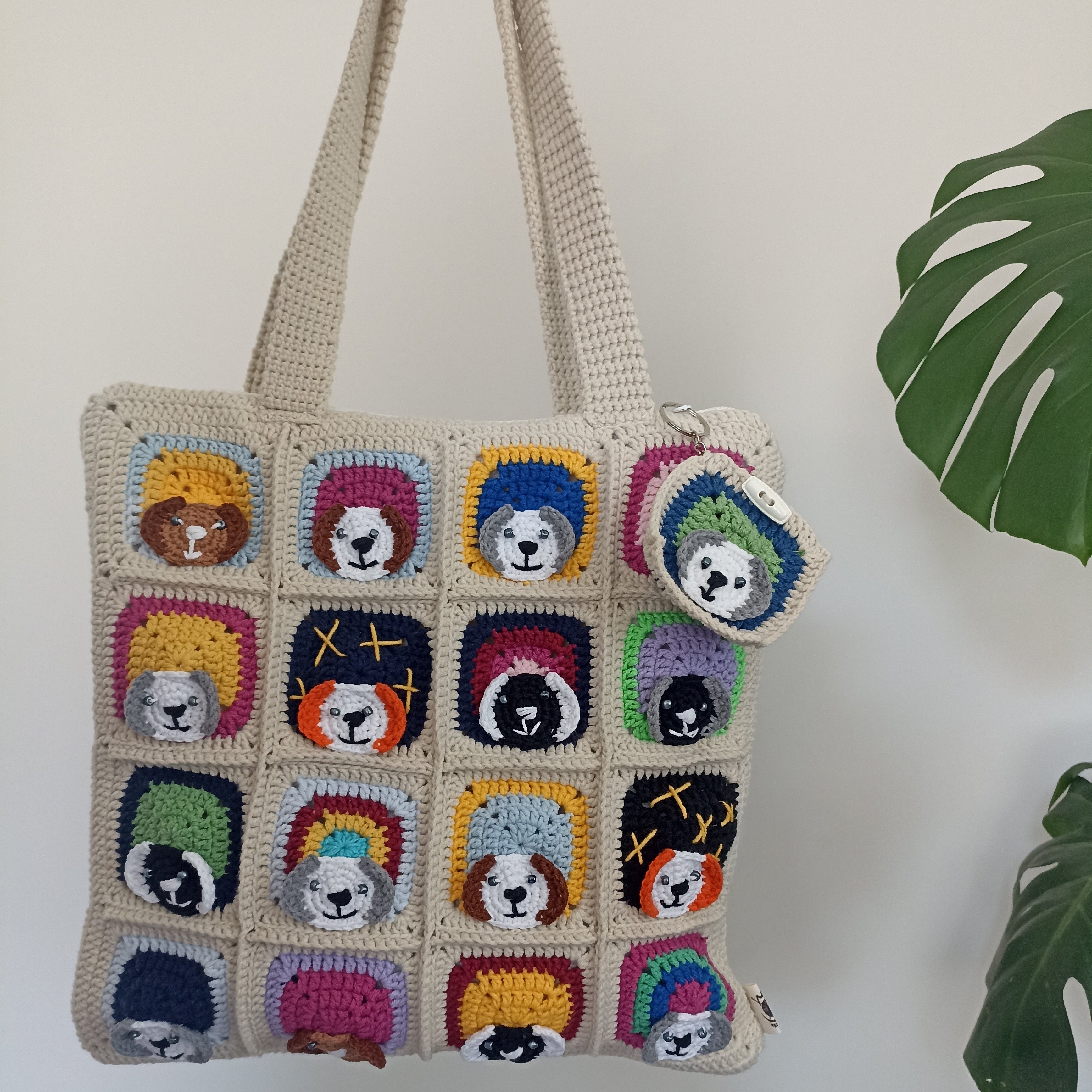 Köpek Motifli Örgü Çanta - Mini Cüzdan Hediyeli - Köpek Desenli Çanta