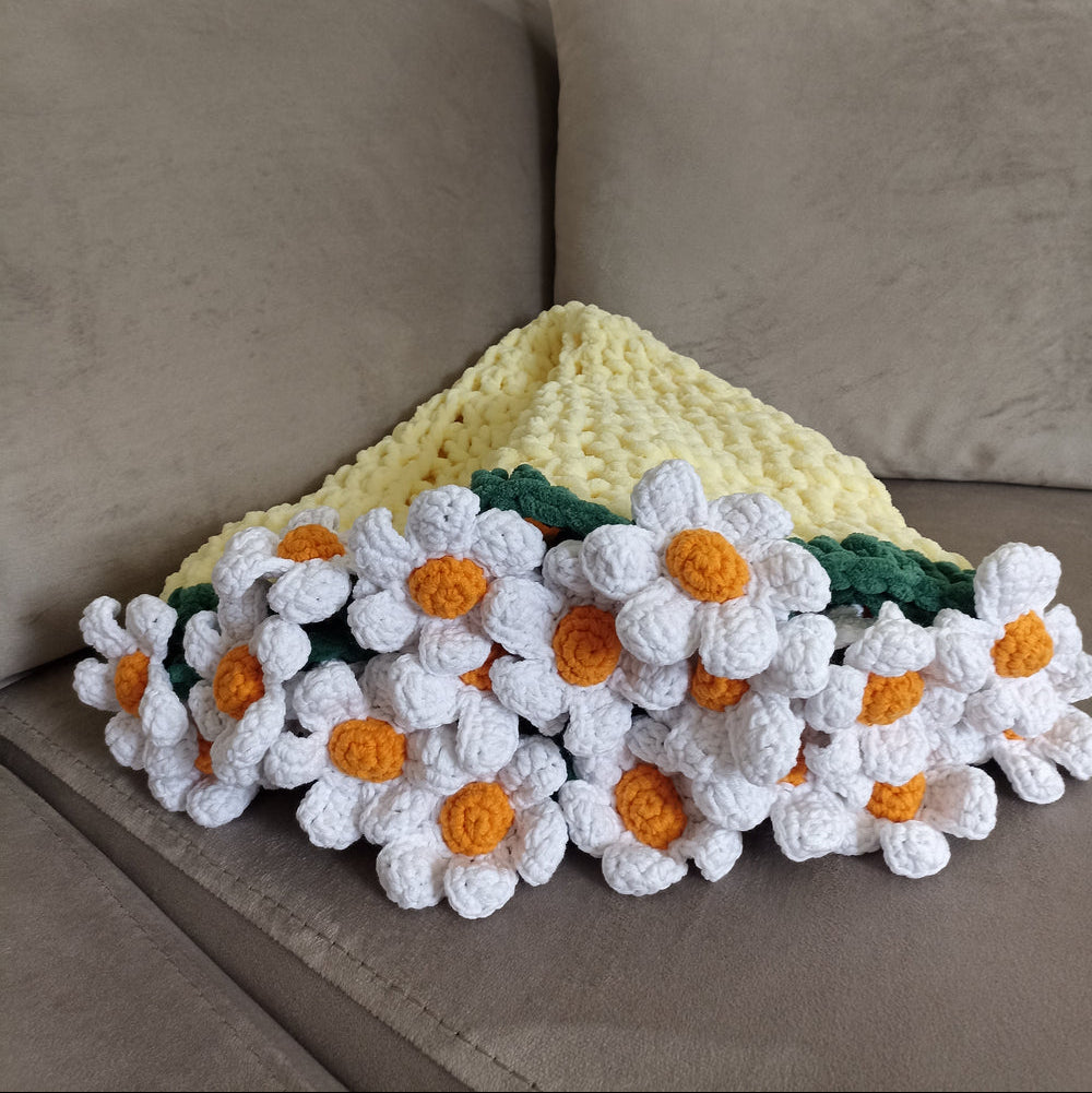 El Yapımı Papatya Kadife Buket Battaniye - Sarı - Tasarım Ürün (80 cm - 100 cm - 120 cm çapında)