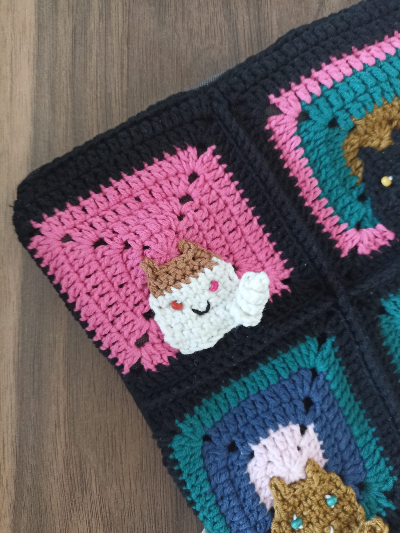 Kedili Örgü Makyaj Çantası/Kalemlik/Tablet Çantası - Siyah - Kedi Motifli Makyaj Çantası