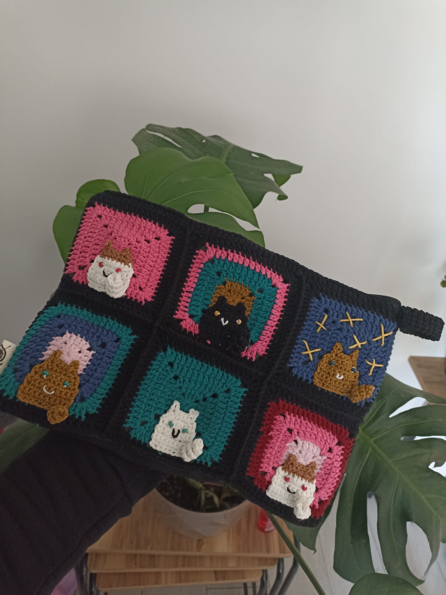 Kedili Örgü Makyaj Çantası/Kalemlik/Tablet Çantası - Siyah - Kedi Motifli Makyaj Çantası