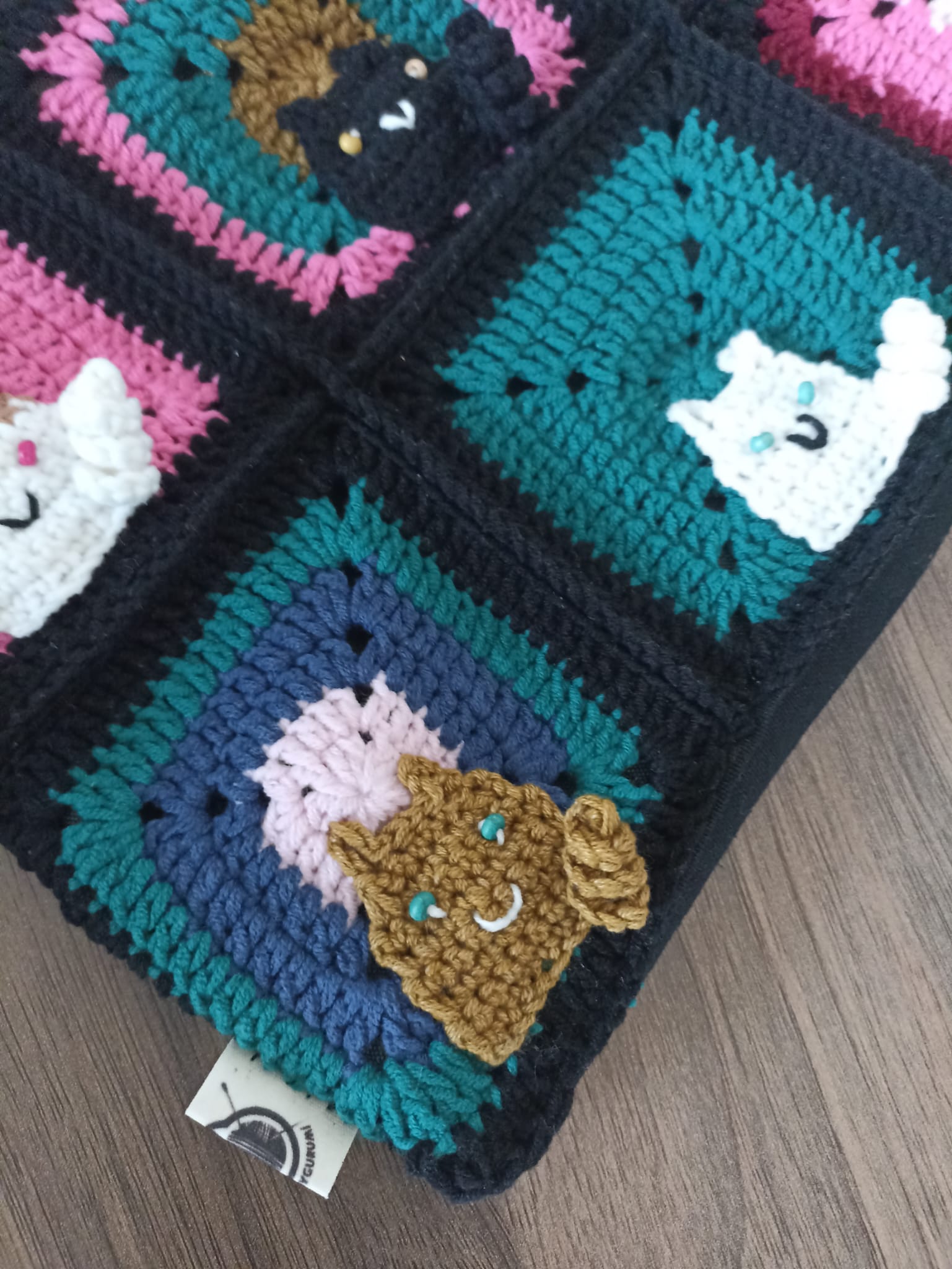 Kedili Örgü Makyaj Çantası/Kalemlik/Tablet Çantası - Siyah - Kedi Motifli Makyaj Çantası
