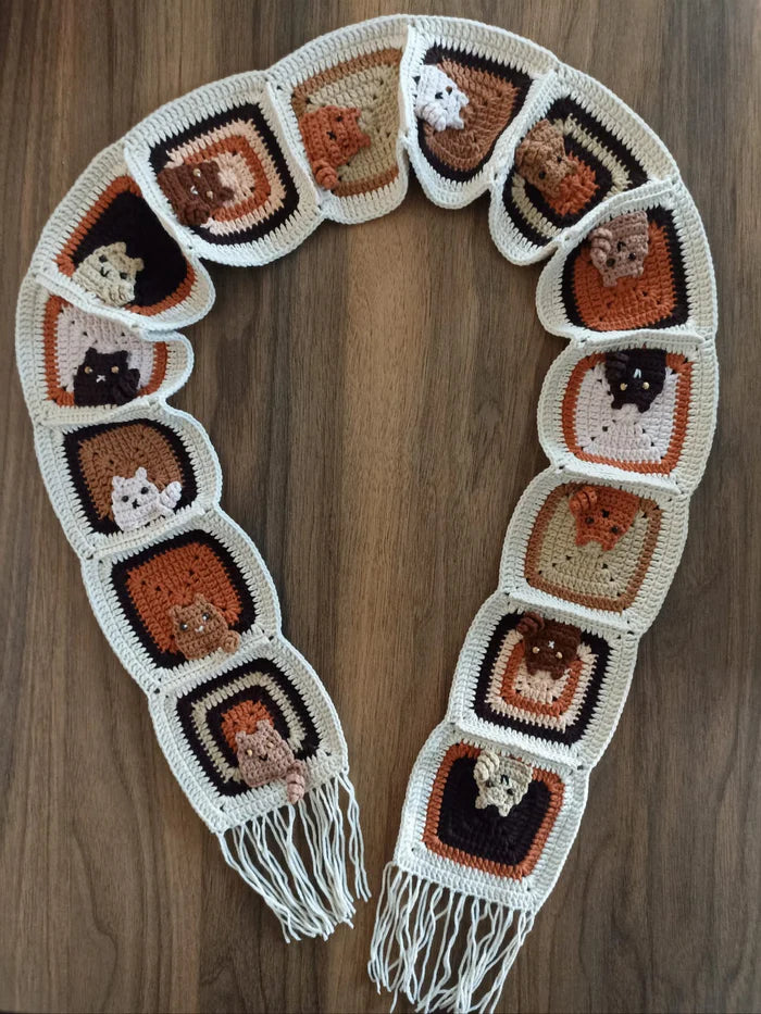 Örgü Kedili Bere ve Atkı İkili Set - Kahverengi - Kedi Temalı Örgü Atkı ve Ponponlu Örgü Bere