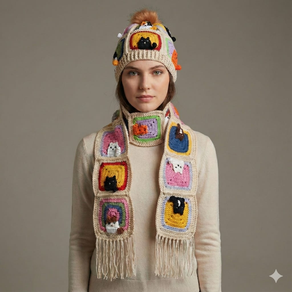 Örgü Kedili Bere ve Atkı İkili Set - Ekru - Kedi Temalı Örgü Atkı ve Ponponlu Örgü Bere