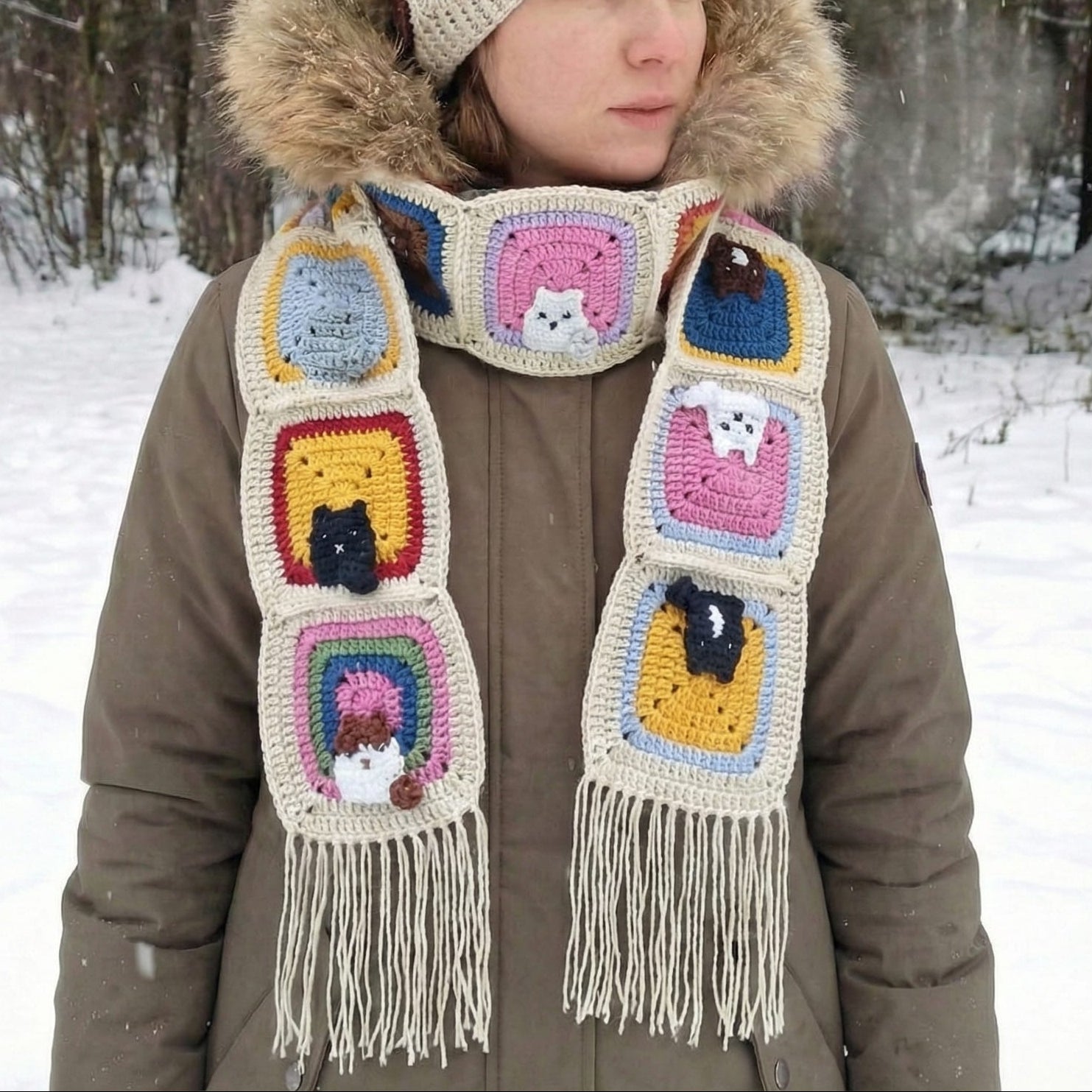 Kedi Motifli Örgü Atkı - Ekru - El Örgüsü Kedili Atkı - Kedi Temalı Kışlık Atkı