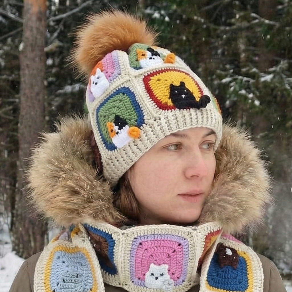 Kedi Motifli Ponponlu Örgü Bere - Ekru - El Örgüsü Kışlık Şapka