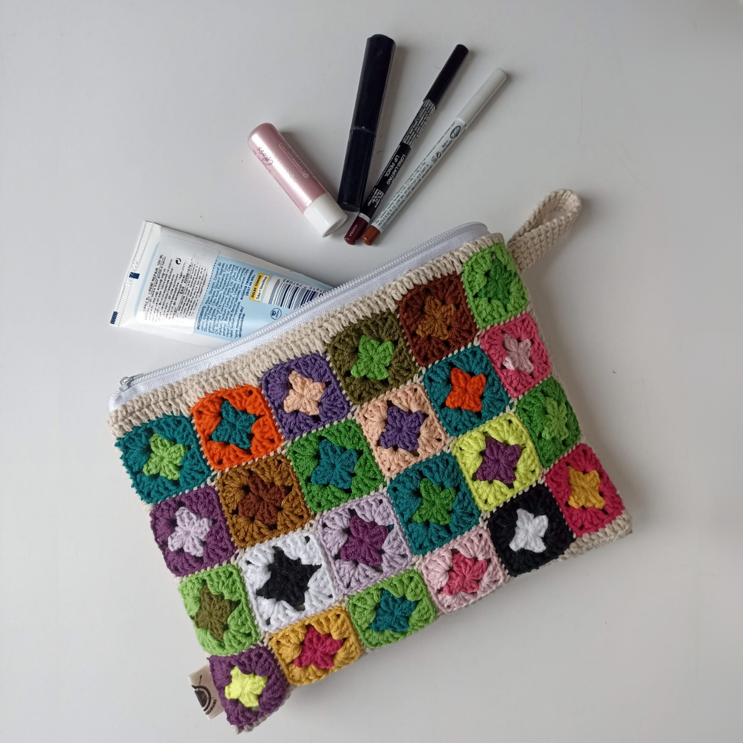 Mini Granny Motifli Makyaj Çantası / Kalemlik, Rengarenk Örgü Motifli Makyaj Çantası / Örgü Kalem Kutusu