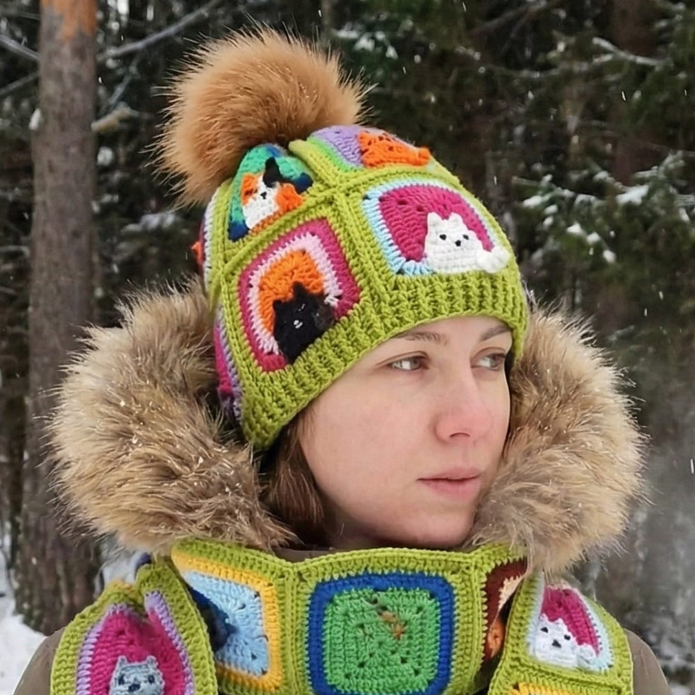 Kedi Motifli Ponponlu Örgü Bere - Fıstık Yeşili - El Örgüsü Kışlık Şapka