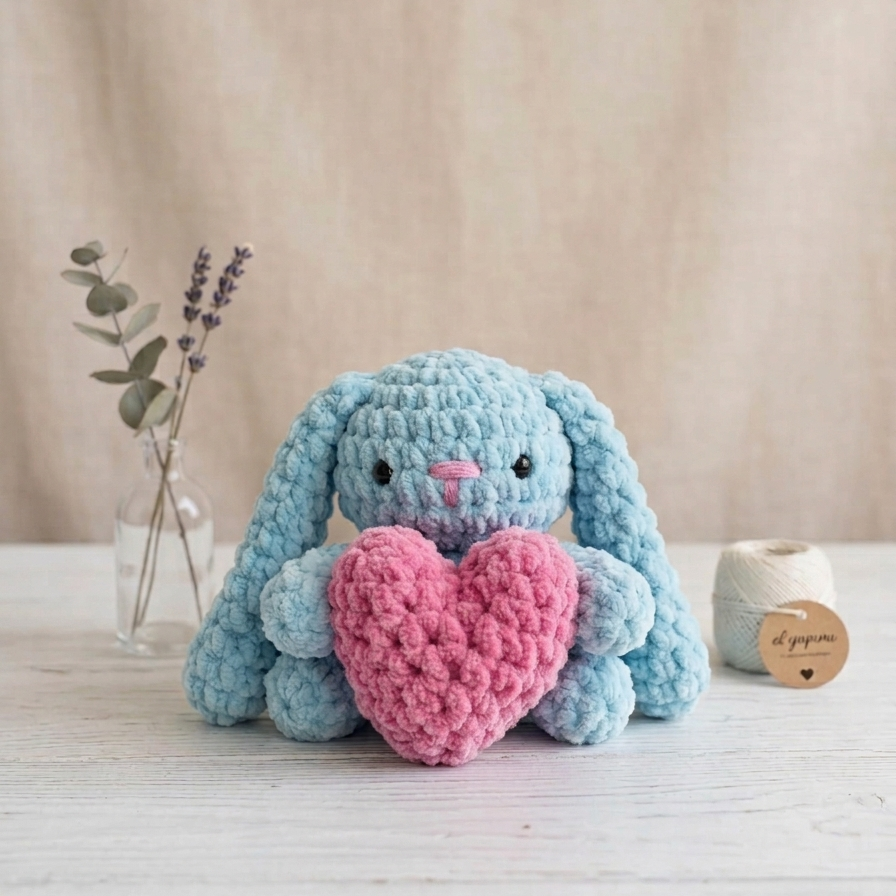 Kalp Tutan Mavi Peluş Tavşan - Amigurumi Kadife Tavşan - Yumuşak Kadife Örgü Oyuncak - Bebek Uyku Arkadaşı Oyuncak - Sevgiliye Hediye Örgü Tavşan