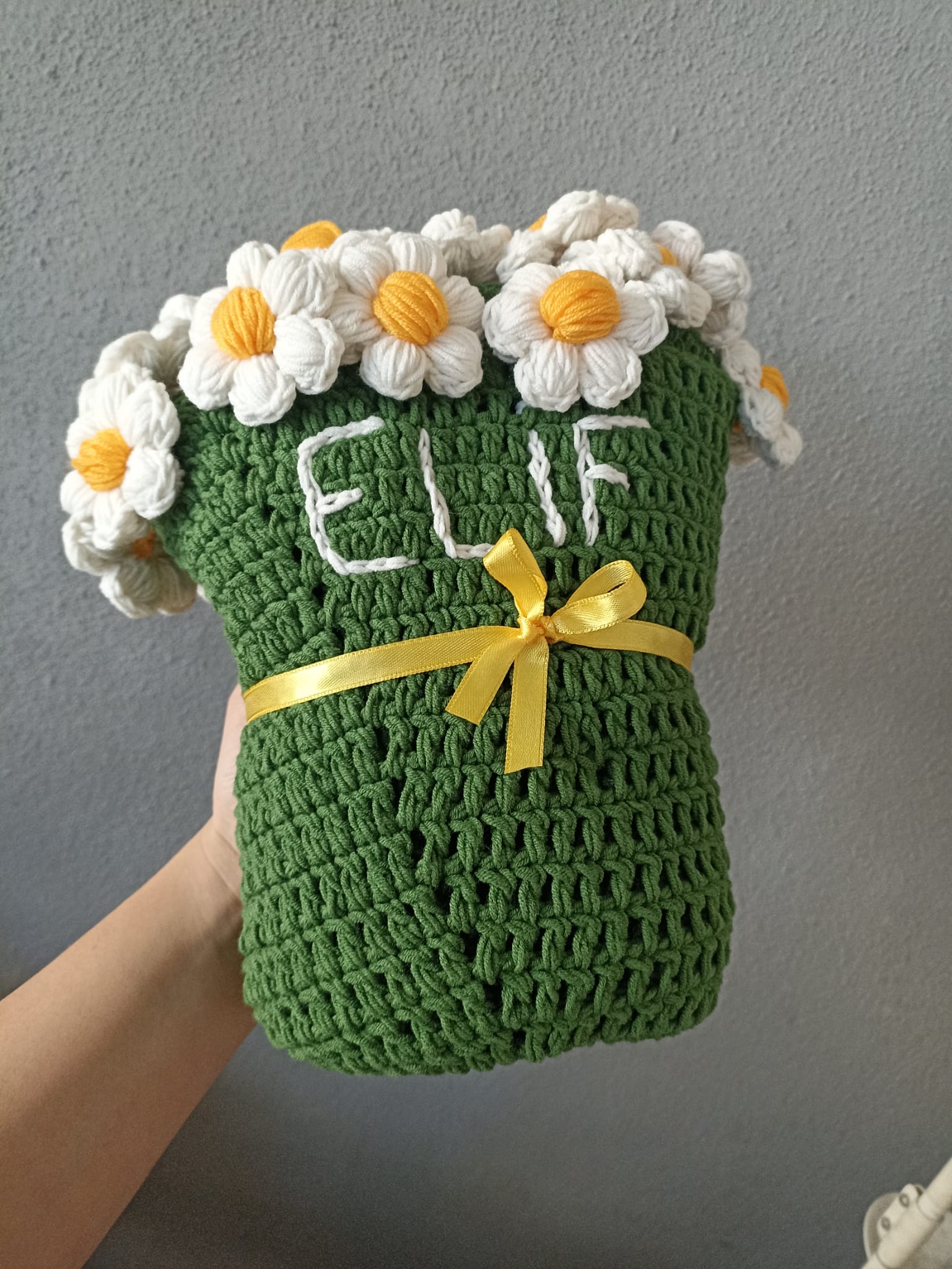 El Yapımı Papatya Kadife Buket Battaniye - Yeşil - Tasarım Ürün (80 cm - 100 cm - 120 cm)