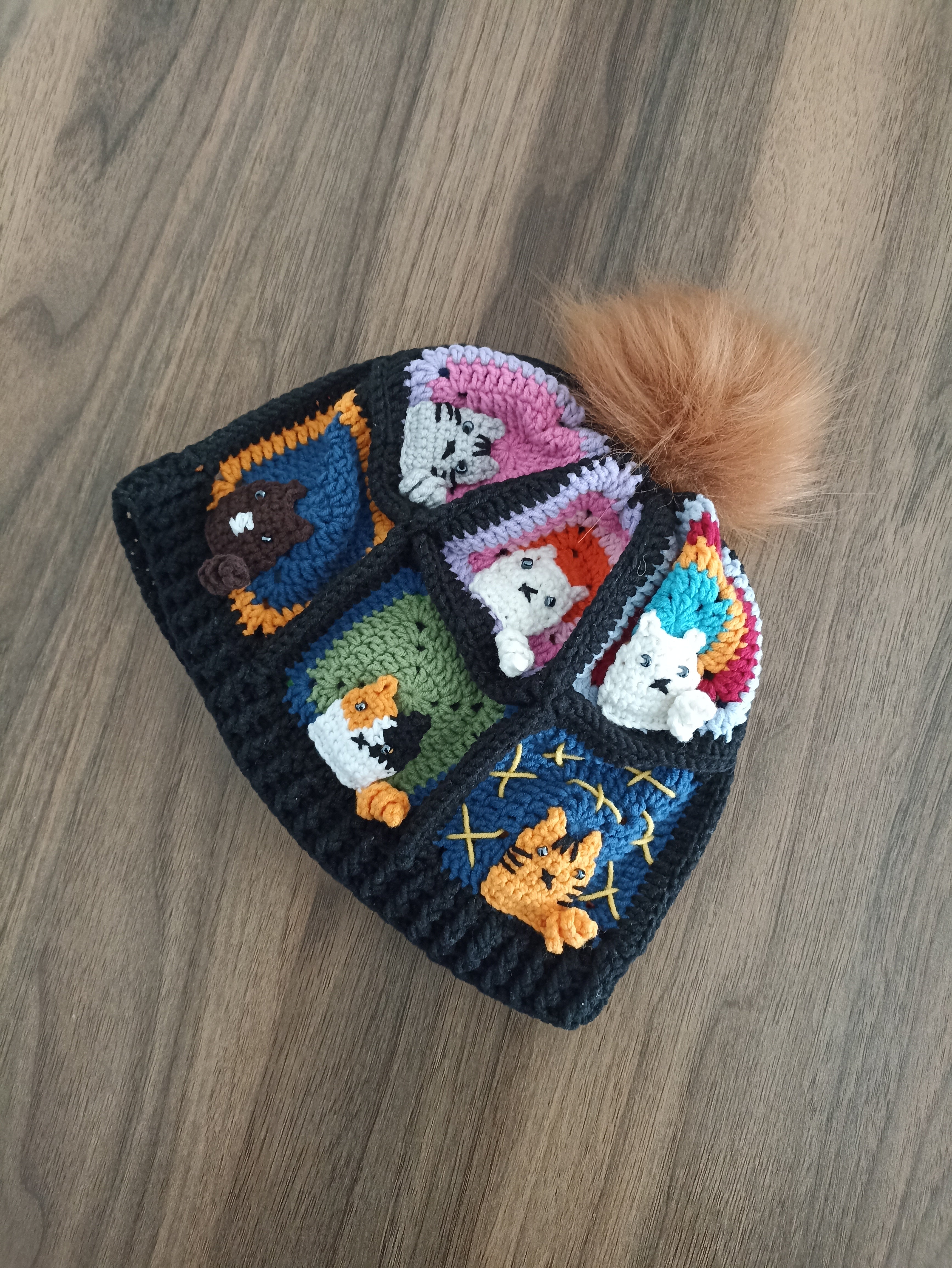 Örgü Kedili Bere ve Atkı İkili Set - Siyah - Kedi Temalı Örgü Atkı ve Ponponlu Örgü Bere