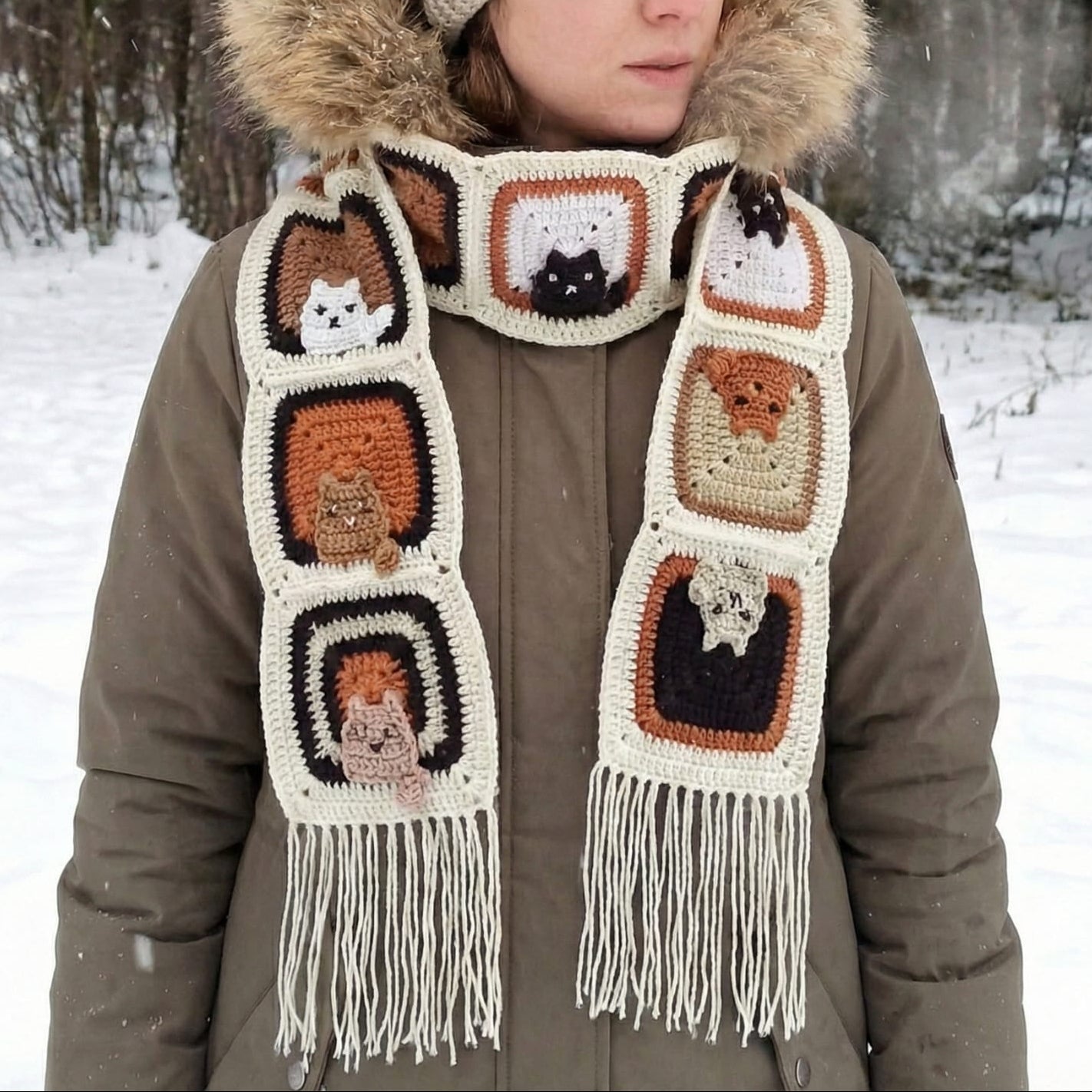 Kedi Motifli Örgü Atkı - Kahverengi - El Örgüsü Kedili Atkı - Kedi Temalı Kışlık Atkı