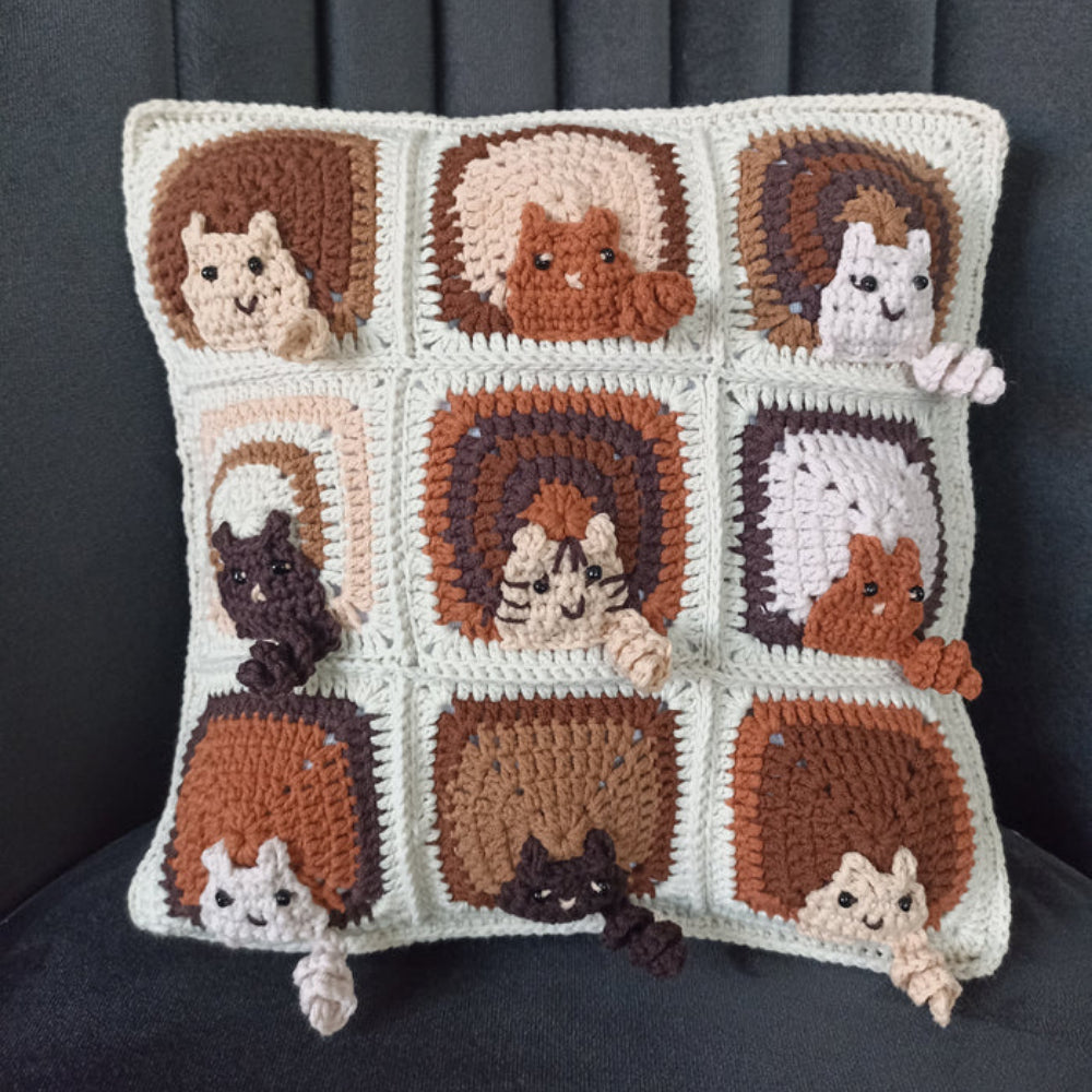 Coffee Cat Motif Crochet Cushion Cover, Cat Pillow Case