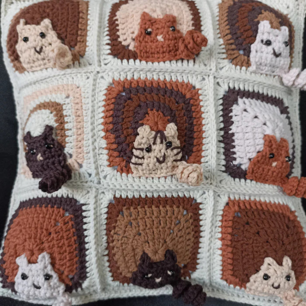 Coffee Cat Motif Crochet Cushion Cover, Cat Pillow Case