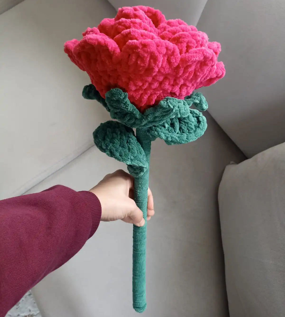 El Yapımı Dev Kadife Gül (50 cm) - Pembe - Lüks Pofuduk Dekoratif Çiçek