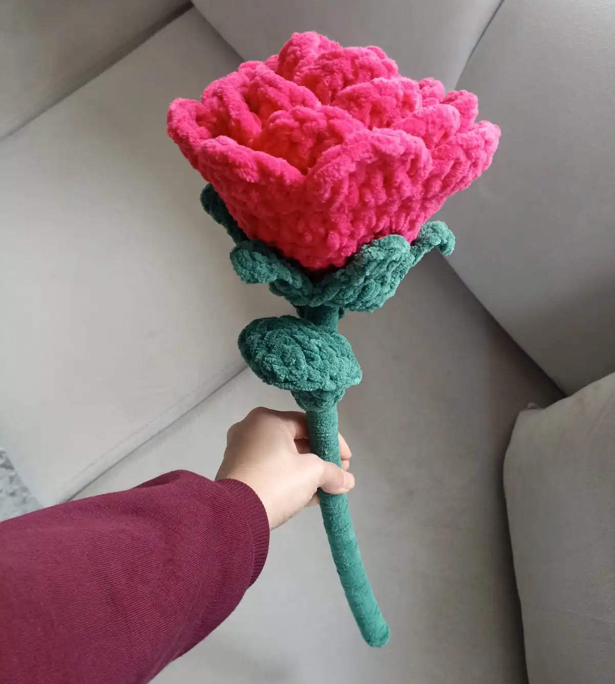 El Yapımı Dev Kadife Gül (50 cm) - Pembe - Lüks Pofuduk Dekoratif Çiçek