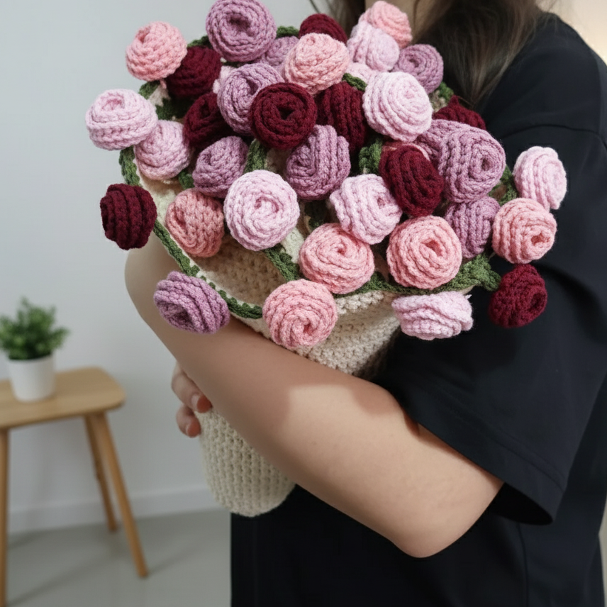 Handmade Crochet Mixed Pink Roses Bouquet Blanket