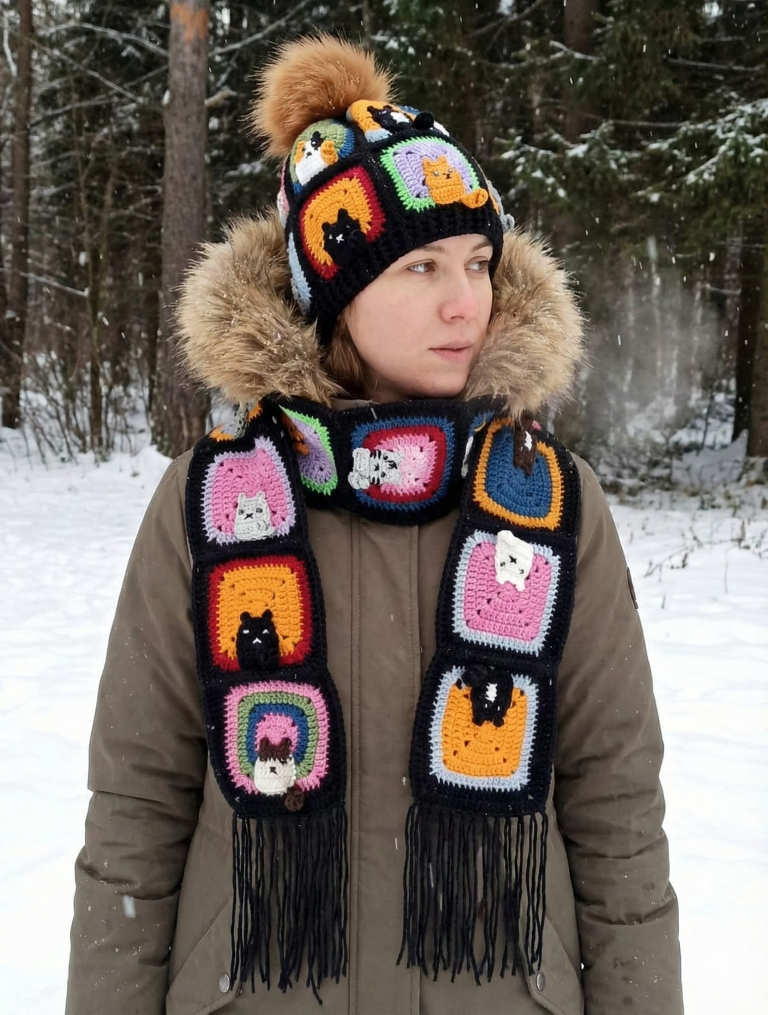 Örgü Kedili Bere ve Atkı İkili Set - Siyah - Kedi Temalı Örgü Atkı ve Ponponlu Örgü Bere