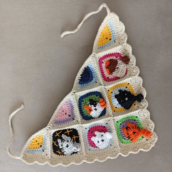 Sevimli Kedi Motifli El Örgüsü Bandana - Örgü Kedili Bandana